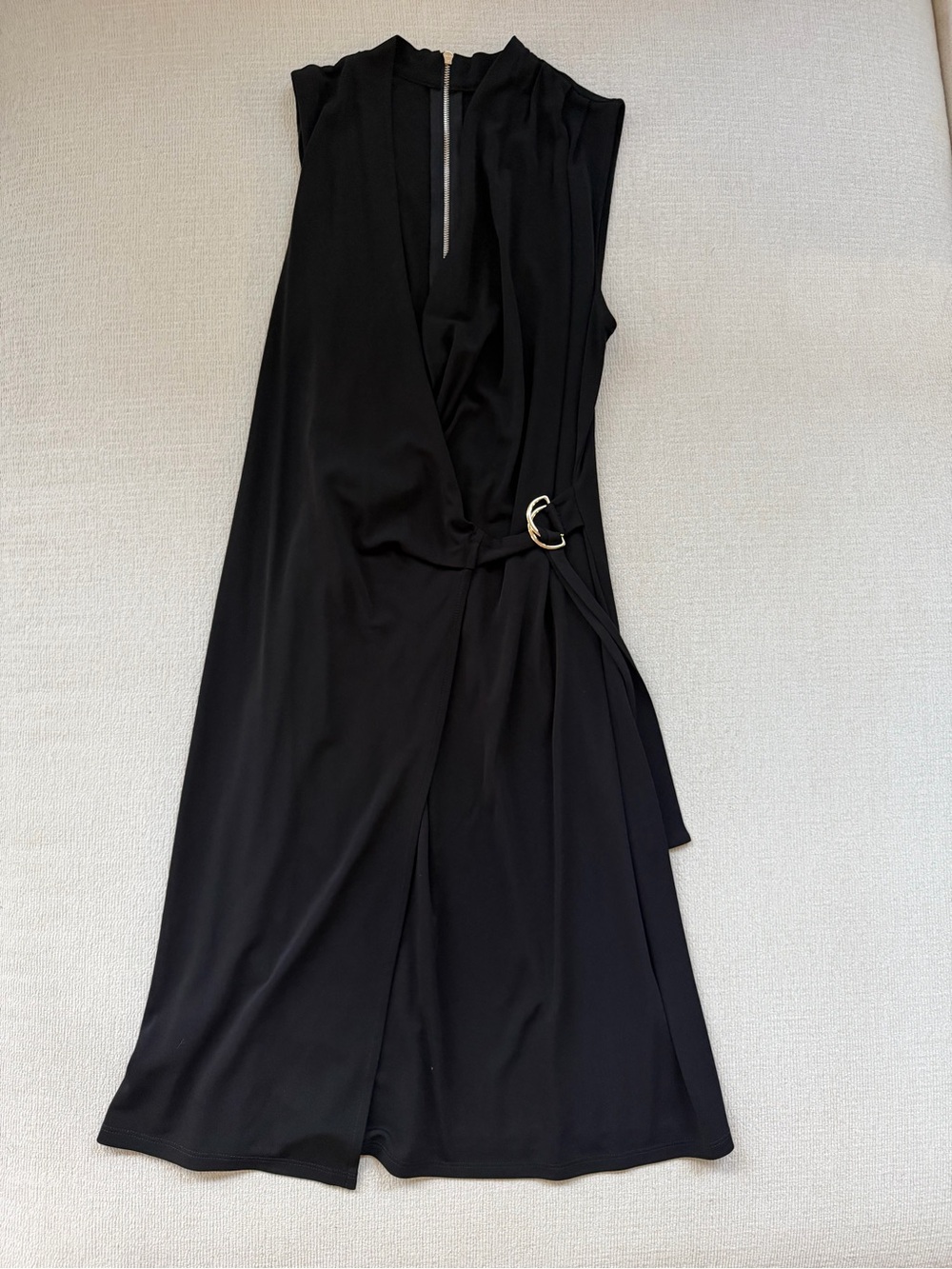 Ann Taylor Black Sleeveless Wrap-Style Midi Dress with Buckle